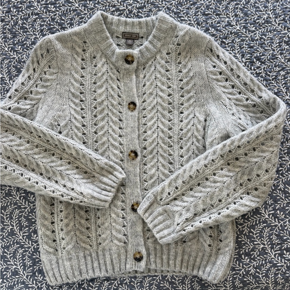 Light Gray Openwork Cable Knit Button-Front Cardigan